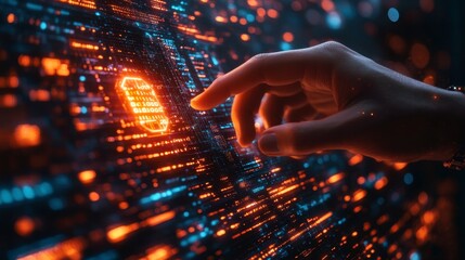 Hand touches glowing interface, with abstract data streams and digital patterns surrounding