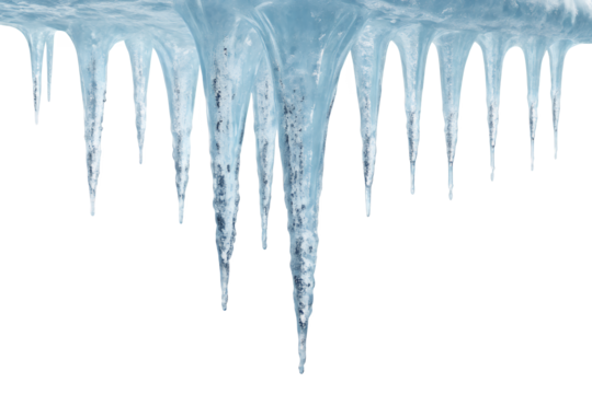 Icicles hanging down with a transparent look against a solid color space on transparent background
