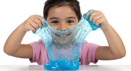 Girl with blue slime enjoys stretching it between her hands, playing with the gooey, textured material at table.