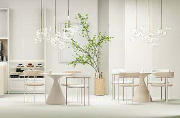 Minimal Coffee shop restaurant design modern style, white counter and gloss beige background ,Wall back counter pastel decor. 3d render	