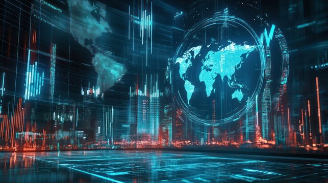 Global Network: Futuristic Cityscape with Digital World Map Overlay