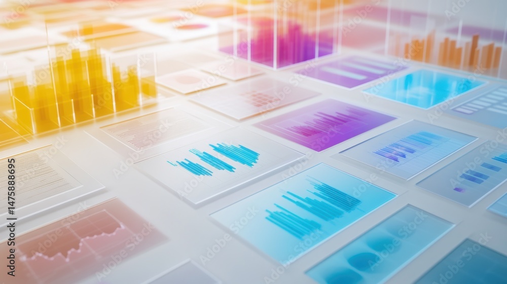 Poster abstract data visualization: colorful charts and graphs displayed on glass panels