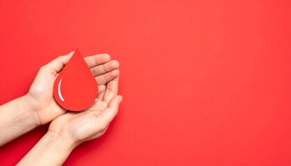 World hemophilia day awareness concept - hands holding blood drop symbol on a red background. Horizontal banner. Copy space. Blood donor awareness day