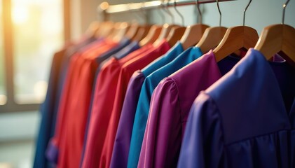Obraz premium A row of empty graduation gowns hanging neatly on a rack, ready for the ceremony , black gown, preparation, academic ceremony preparation