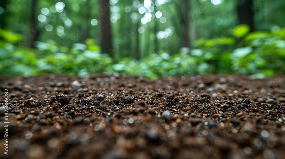 Poster close-up ground level view of forest floor soil with green trees in background