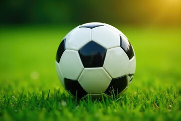 Fototapeta premium Close-up of a soccer ball in motion, grass background , sports equipment, football, flight