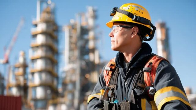 Industrial worker: A hard-working industrial worker is meticulously inspecting the complex machinery of a refinery.