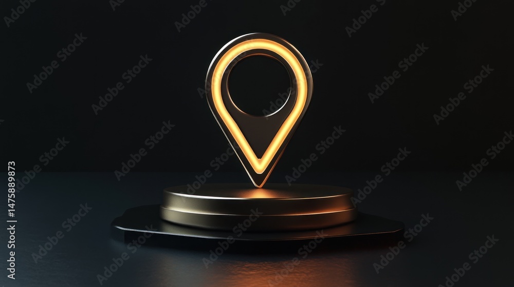 Aufkleber illuminated golden location marker: a 3d render of a glowing map pin on a dark background