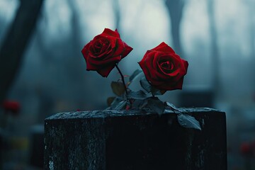 Two Dark Red Roses Atop