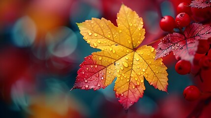 Fototapeta premium Close-up of Autumn Leaf with Water Droplets and Red Berries on Bokeh Background