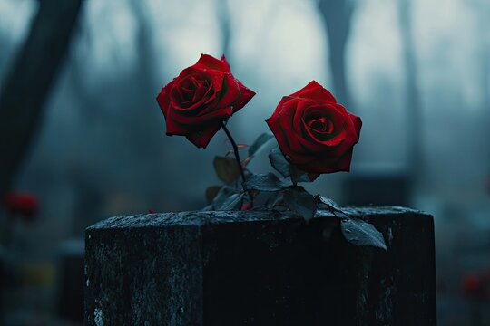 Two dark red roses atop a weathered gravestone in a misty cemetery