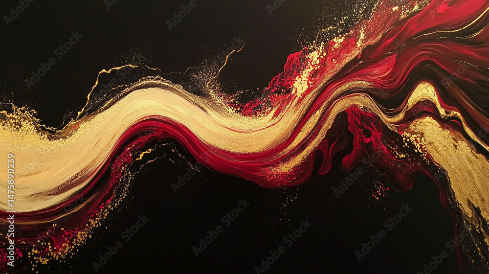 Poster dynamic abstract with flowing red and cream colors on black background. vibrant abstract art depicti