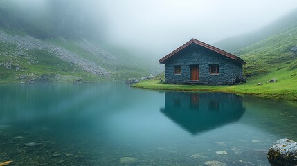 Fototapeta premium Cottage on tranquil lake with misty mountains in the background, calm nature scene