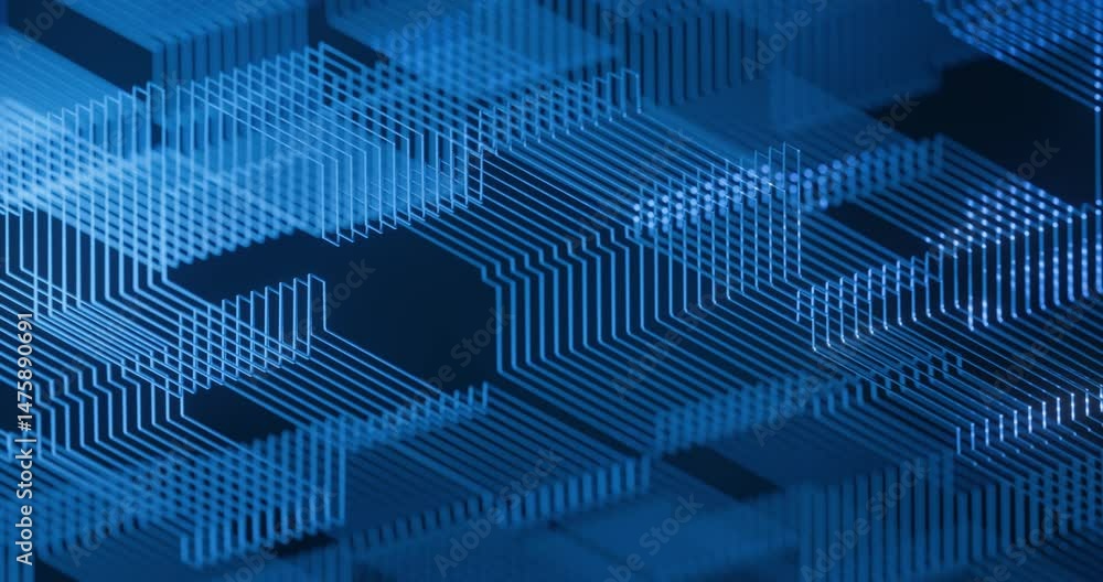 Poster abstract, dynamic blue lines resemble a futuristic circuit board or data network, suggesting informa