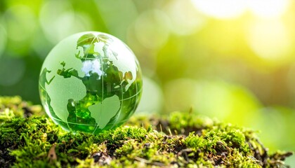A glass earth globe sits on a bed of moss, with a new green sprout growing from the top, surrounded by a vibrant forest with sunlight filtering through the trees