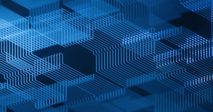 Abstract, dynamic blue lines resemble a futuristic circuit board or data network, suggesting information flow in a tech connection. Seamless loop. 3D render