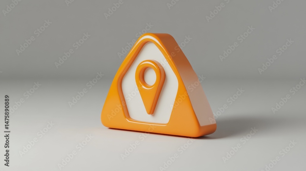Poster 3d render of an orange location pin icon, a triangular shaped symbol representing navigation, gps, m
