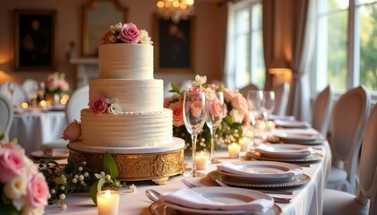 Elegant wedding reception table setting with floral centerpiece, cake, and champagne glasses , glasses, special occasion, cutlery