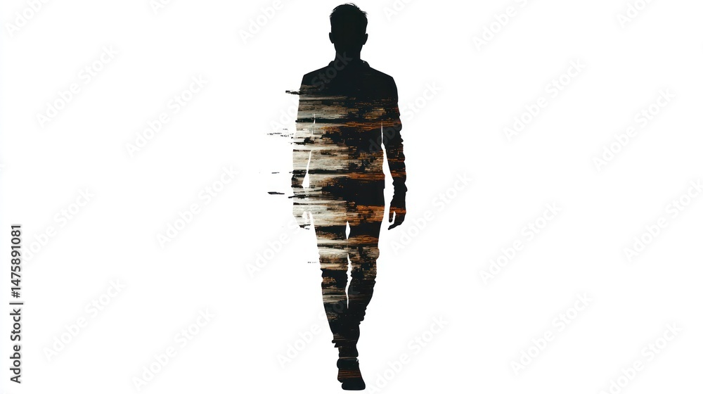 Poster the disintegrating man: a silhouette walking into abstraction