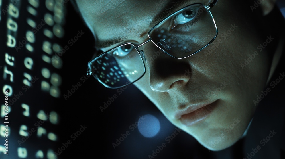 Poster close-up view of a person intensely focused on a digital display.
