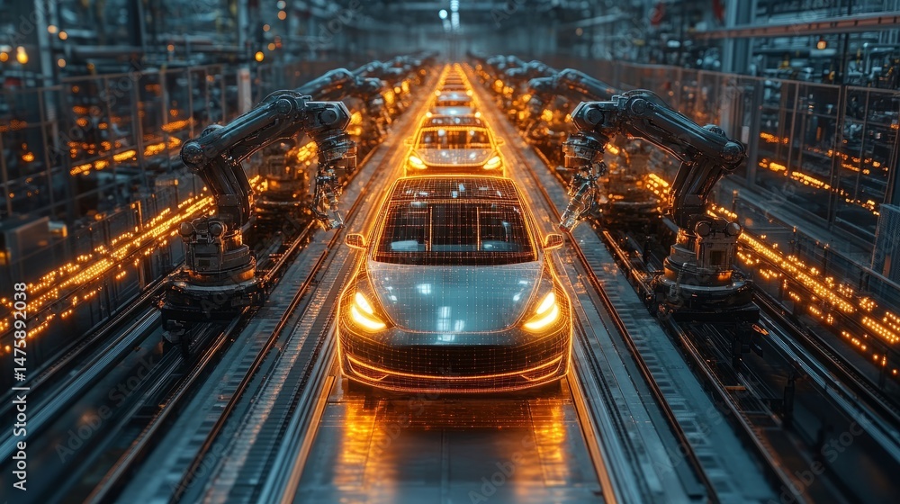 Poster advanced car production line featuring synchronized robotic arms building eco-friendly evs in a high