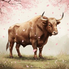 Standing Bull with Falling Petals Watercolor Illustration