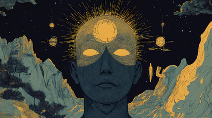 The being's presence commanding a gentle gravity pulling cosmic elements into alignment around it. cosmic. illustration. [Gravity Shrines] | Dimweight Bluff | soft gravity. Illustration