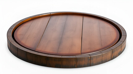 A repurposed wooden barrel lid as a circular platform, featuring darkened edges and visible wood grain, isolated on a transparent background...