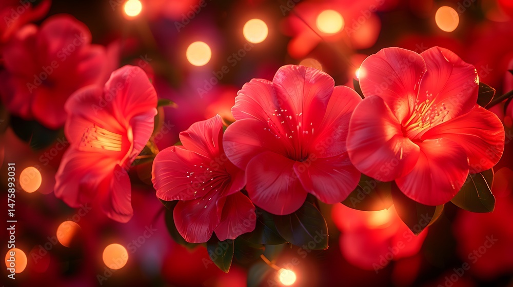 Poster close up of vivid red blossoms in bloom with bokeh effect and soft lighting