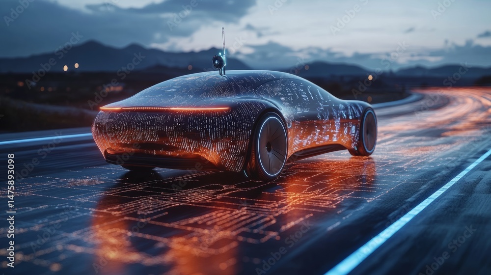 Poster autonomous car gliding along a road embedded with glowing digital patterns, symbolizing futuristic n