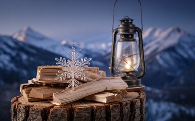 winter, Banff, Canada, Snowy mountain scene, snowflake, lantern, firewood