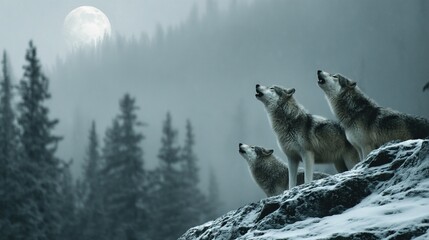 Wolves howl at the moon in a snowy mountain landscape