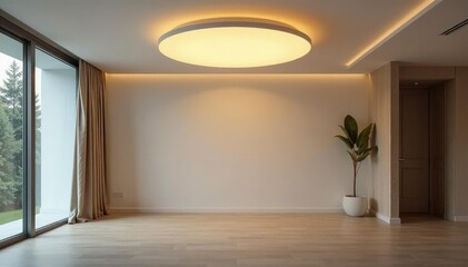 Modern minimalist ceiling light fixture illuminates a bright, airy room , recessed lighting, illumination