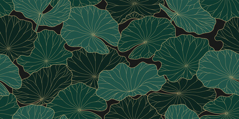 Chinese seamless pattern with green water lilies. Gold line drawing of water lilies for a luxury prints.