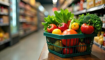 Overfilled shopping basket overflowing with fresh produce and groceries , bounty, abundance
