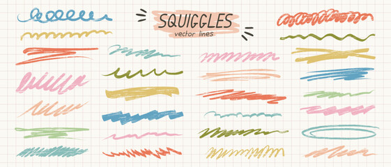 Colorful crayon scribble and underline vector elements on grid paper background. Hand-drawn squiggles for creative highlights, notes, and playful design accents.
