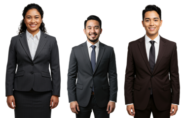 Three diverse young adult professionals, one woman and two men, smiling and standing in business suits against a transparent background.