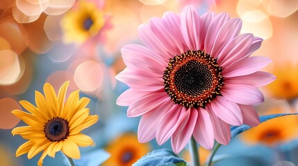 Close Up Shot of Pink and Yellow Sunflowers with Bokeh Background
