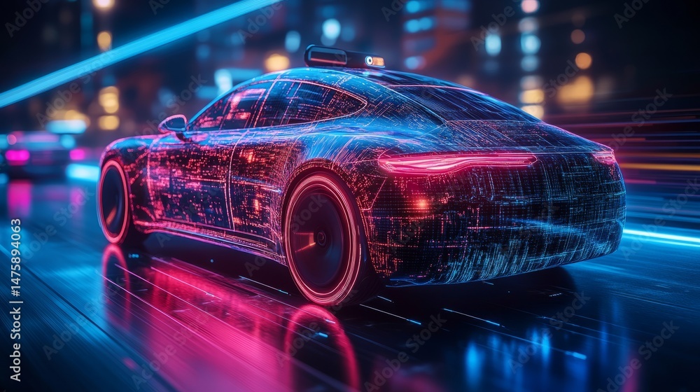 Poster autonomous car with vibrant holographic lines and animated patterns, representing intelligent mobili