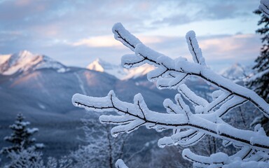 winter, Banff, Canada, Snowy mountain branches at dawn