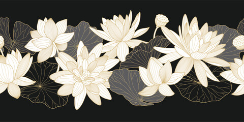 Chinese seamless border with white lotuses and black water lilies. Gold line drawing of lotus flowers and leaves for a luxury prints.