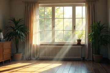 Fototapeta premium Sunlight streams through a window illuminating dust motes in a bright, airy room , illuminated, order