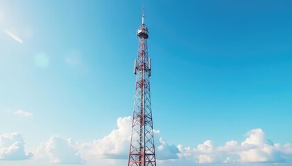 Obraz premium Tall antenna tower against a clear blue sky, reaching for the clouds , technology, infrastructure, network