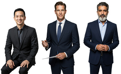Studio portrait of three diverse adult businessmen in suits, including Asian, Caucasian, and Middle Eastern men, standing and seated against a transparent background.