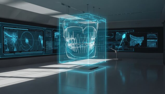 Futuristic digital lab with 3D holographic model of human jaw displayed in glowing cube, surrounded by diagnostic screens, symbolizing dentistry, medical technology, innovation, and virtual anatomy.