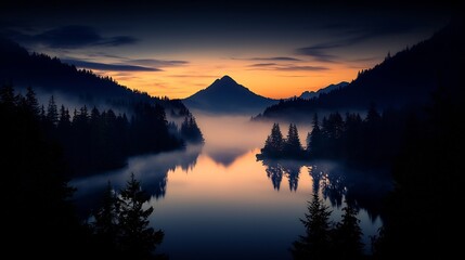 Obraz premium Serene mountain lake sunrise. Misty valley reflecting the rising sun