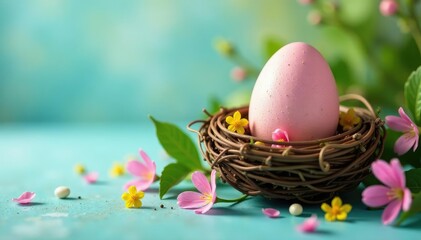 Vibrant Easter egg nestled in a spring-themed nest, ready for display Perfect Easter decoration , handmade, diy, flowers