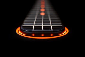 A futuristic electric guitar headstock glows orange on black