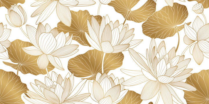 Chinese seamless pattern with lotuses. Gold line drawing of lotus flowers and leaves for a luxury prints.