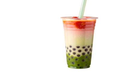 A layered bubble tea with tapioca pearls and a straw in a clear plastic cup on transparent background